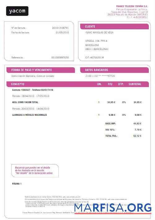 Downloadable SPAIN YACOM utility bill Word and PDF template